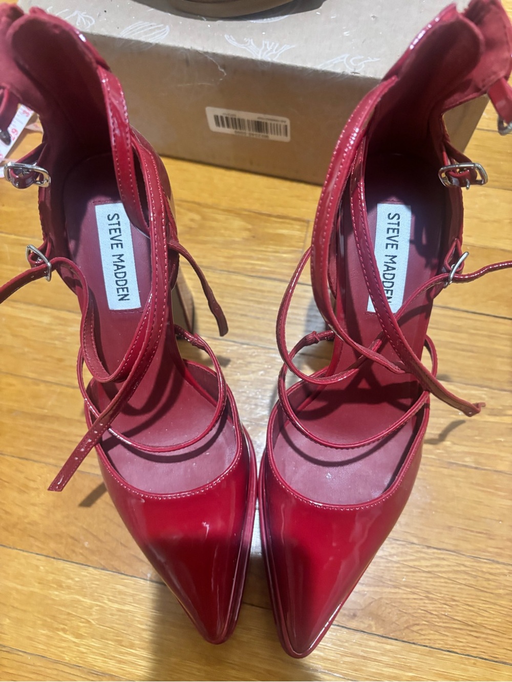 Steve Madden Red Patent Platform Block Heels with Strappy Wrap - Picture 7 of 8